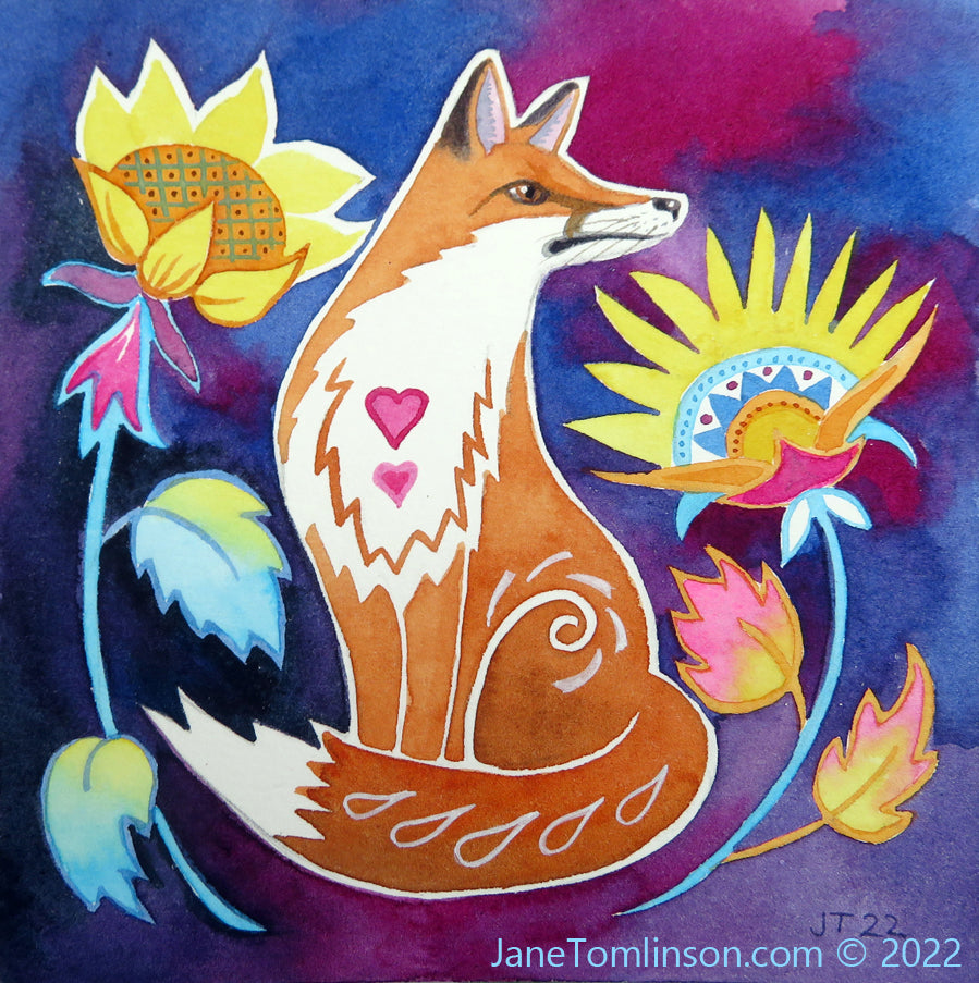 fox and sunflower painting in a folk art style