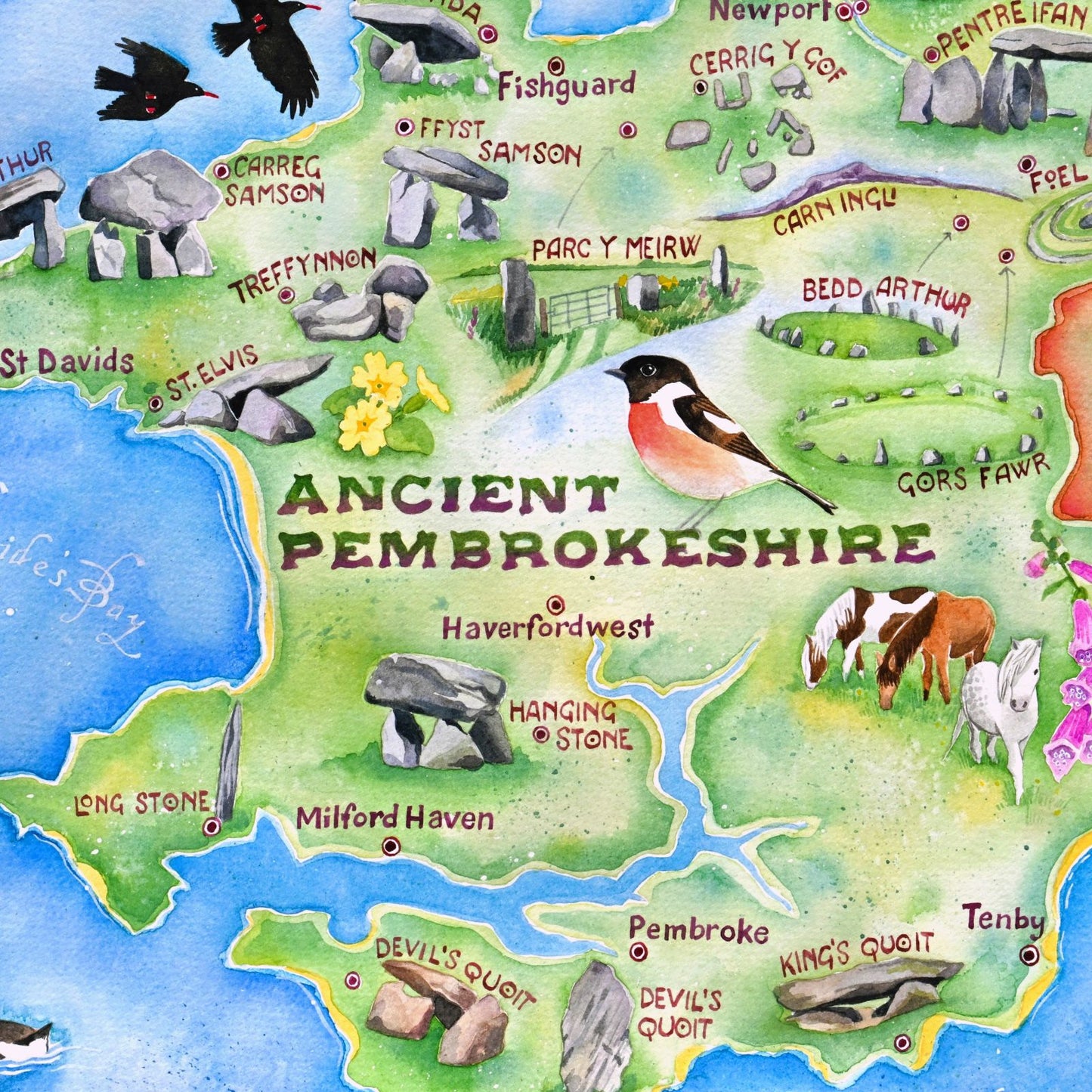 Ancient Pembrokeshire - a hand painted map of Neolithic and Bronze Age monuments and megaliths