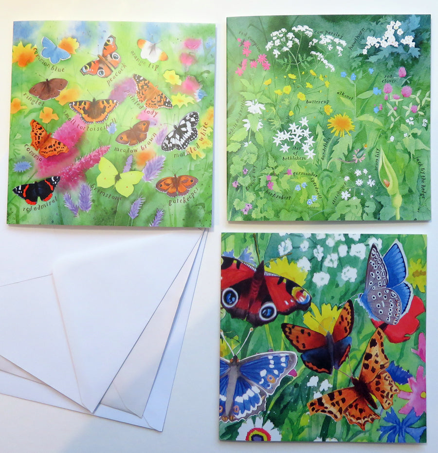 Butterflies and wildflowers greetings cards - pack of 3 designs