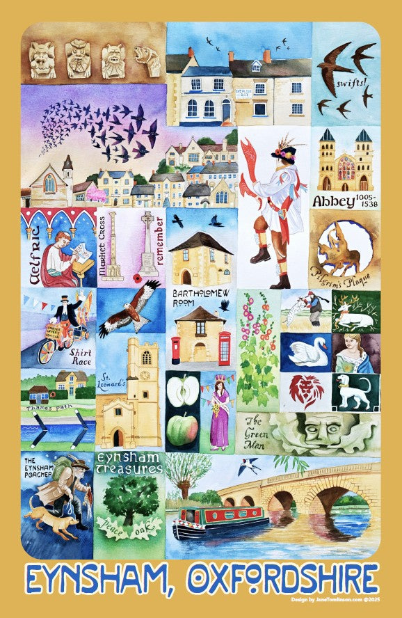 Tea towel of a collage of images and text about Eynsham, Oxfordshire featuring buildings, people, and landmarks