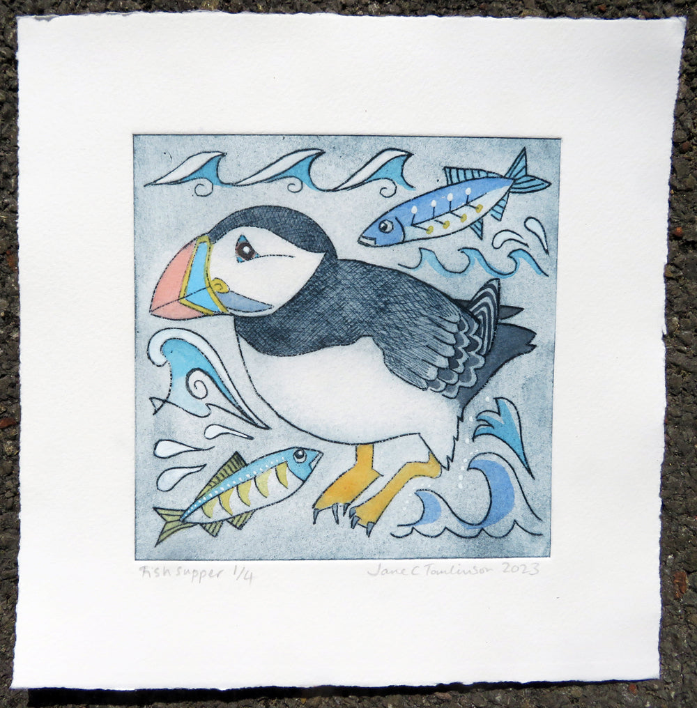 Fish supper - painting of a puffin