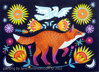 Fox and sunflowers with dove of peace