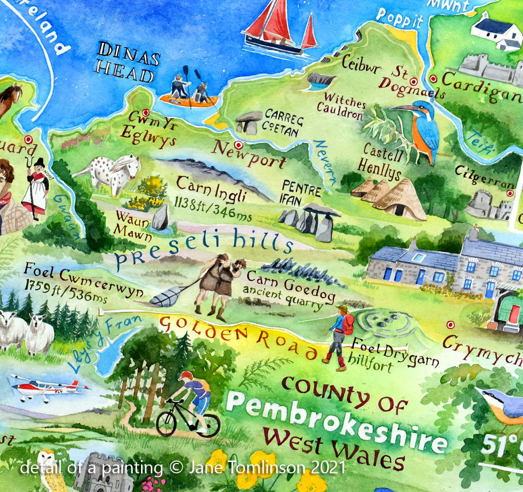 Detail from a hand painted map of Pembrokeshire