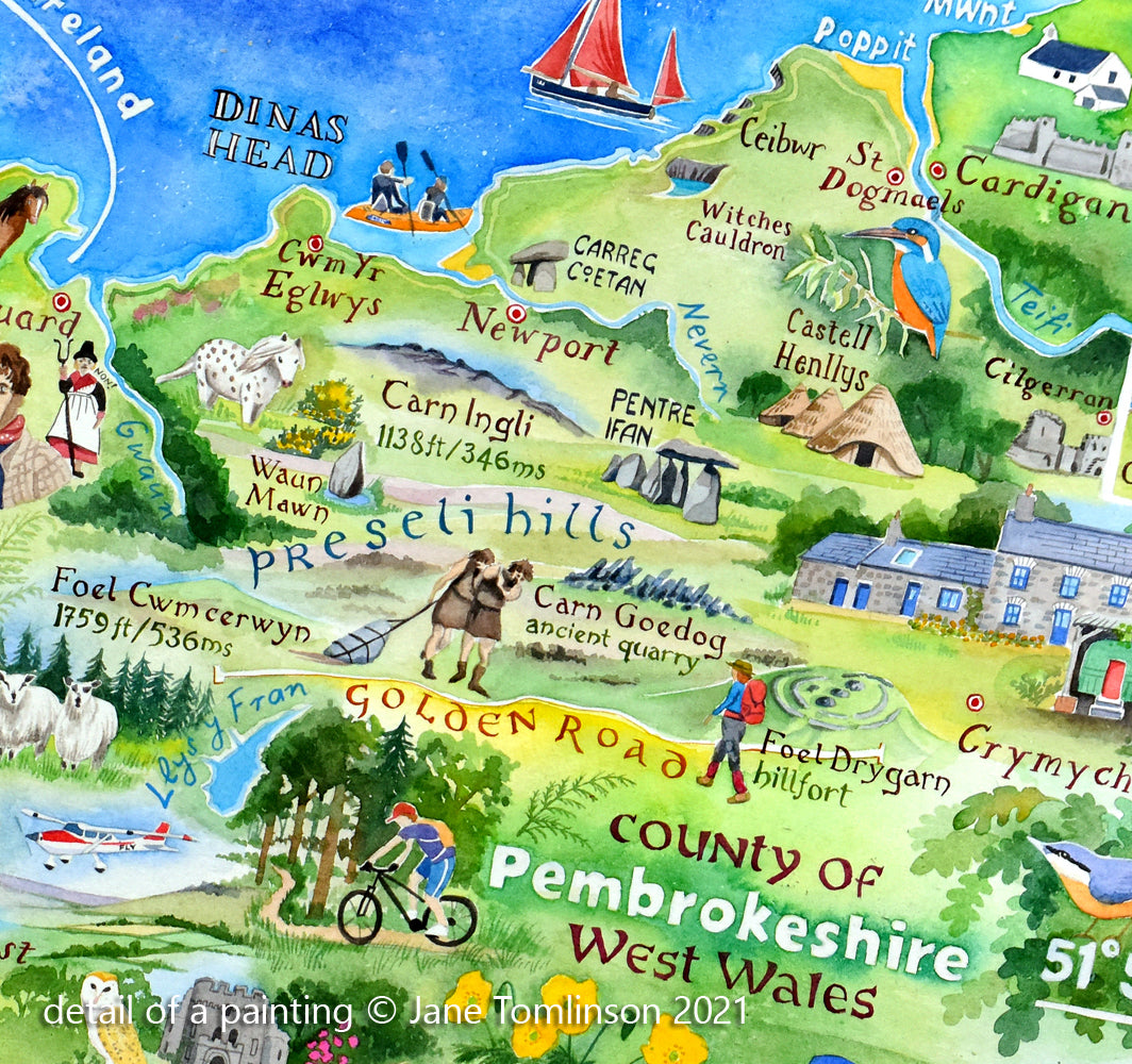 Detail from a hand painted map of Pembrokeshire 