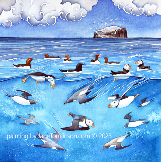 Painting of seabirds diving underwater