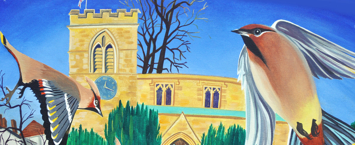 Angels in St Giles - a painting of waxwings in Oxford