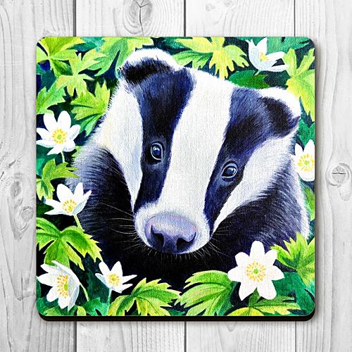 Badger and wood anemones coaster