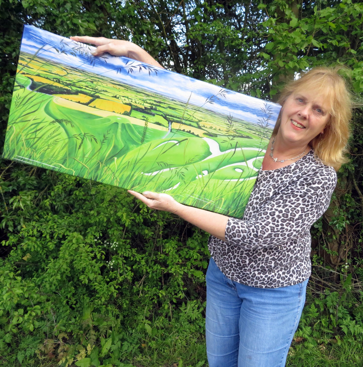 canvas print of long grass at white horse hill with artist Jane Tomlinson