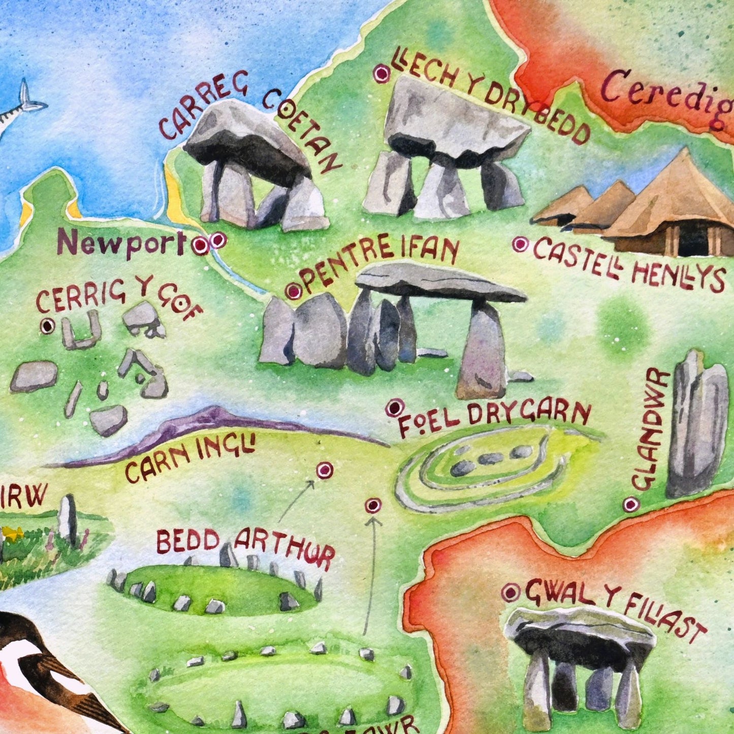 Ancient Pembrokeshire - a hand painted map of Neolithic and Bronze Age monuments and megaliths