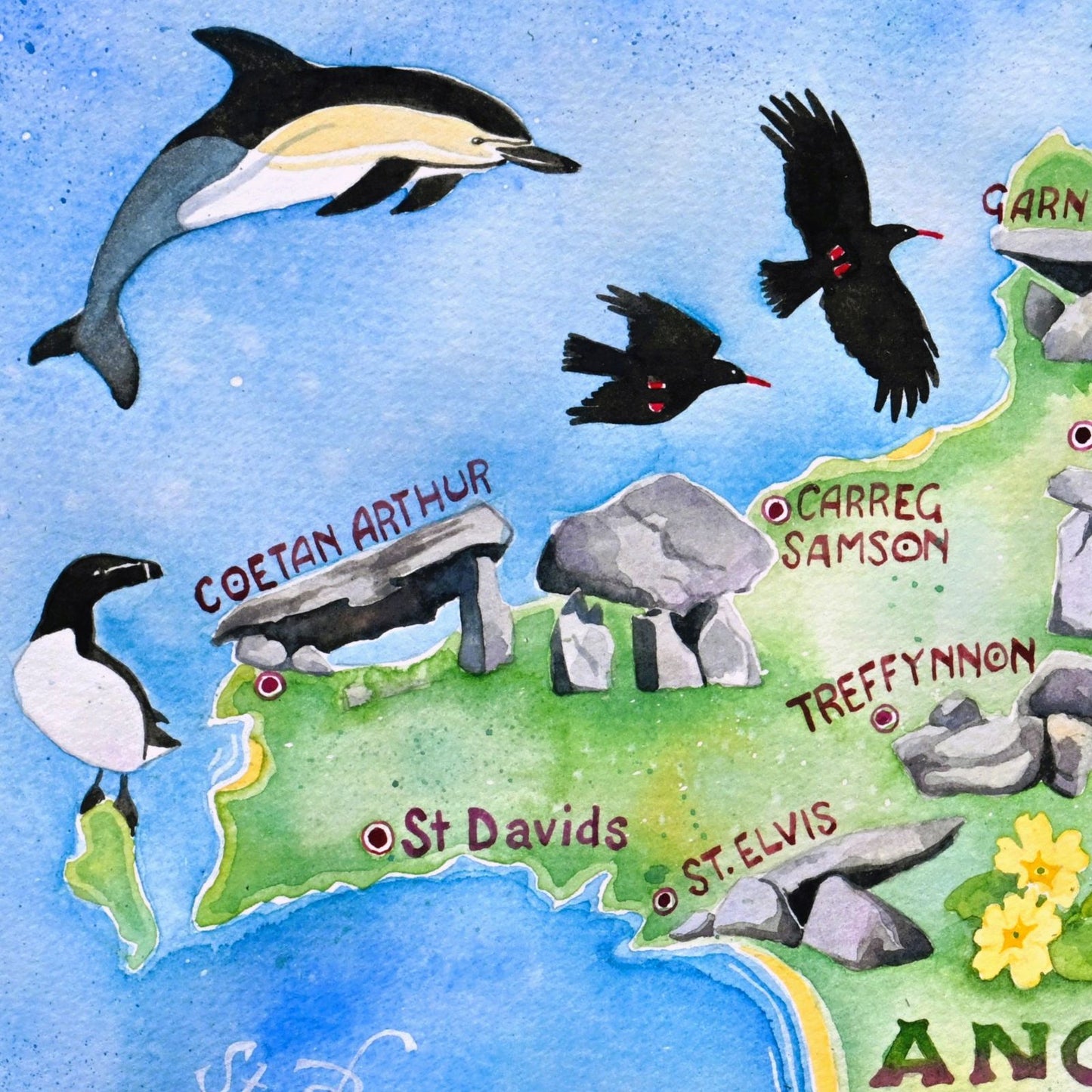 Ancient Pembrokeshire - a hand painted map of Neolithic and Bronze Age monuments and megaliths