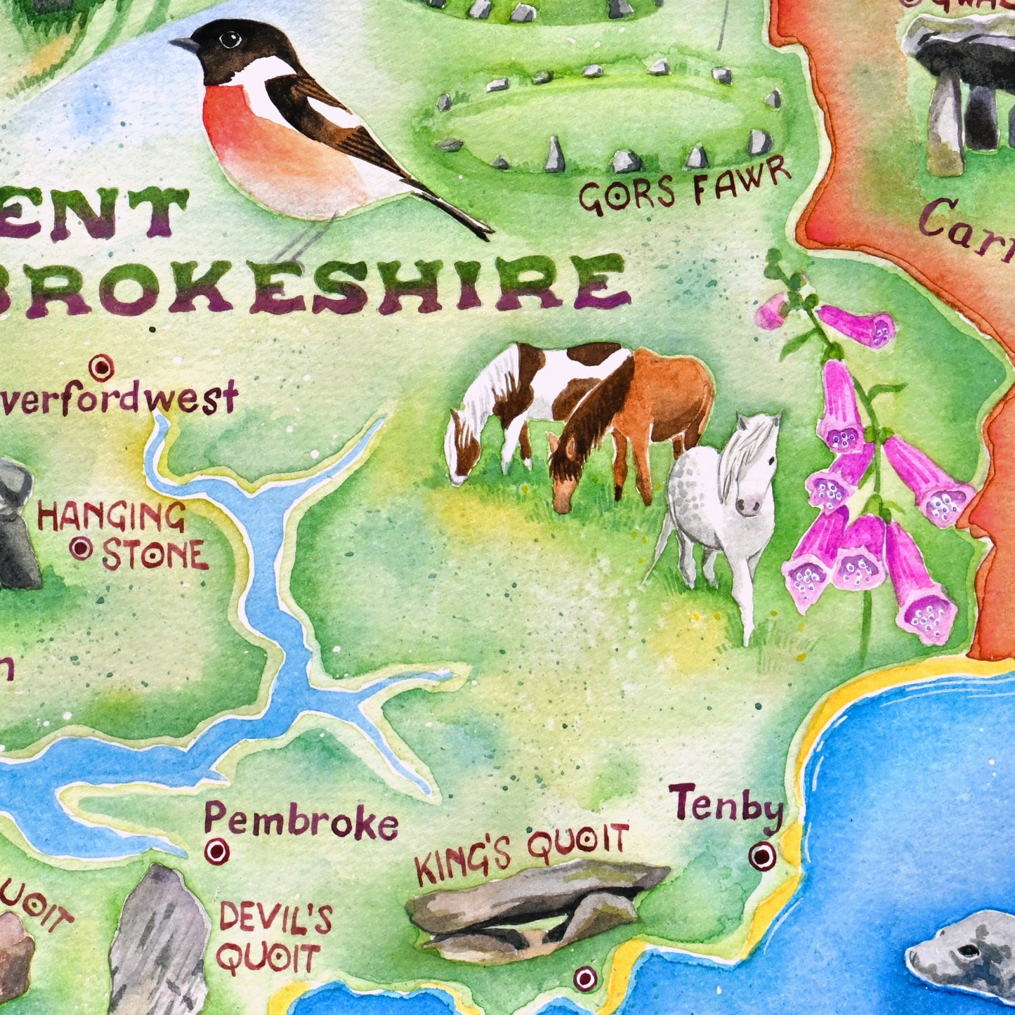 Ancient Pembrokeshire - a hand painted map of Neolithic and Bronze Age monuments and megaliths