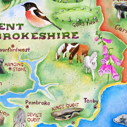 Ancient Pembrokeshire - a hand painted map of Neolithic and Bronze Age monuments and megaliths