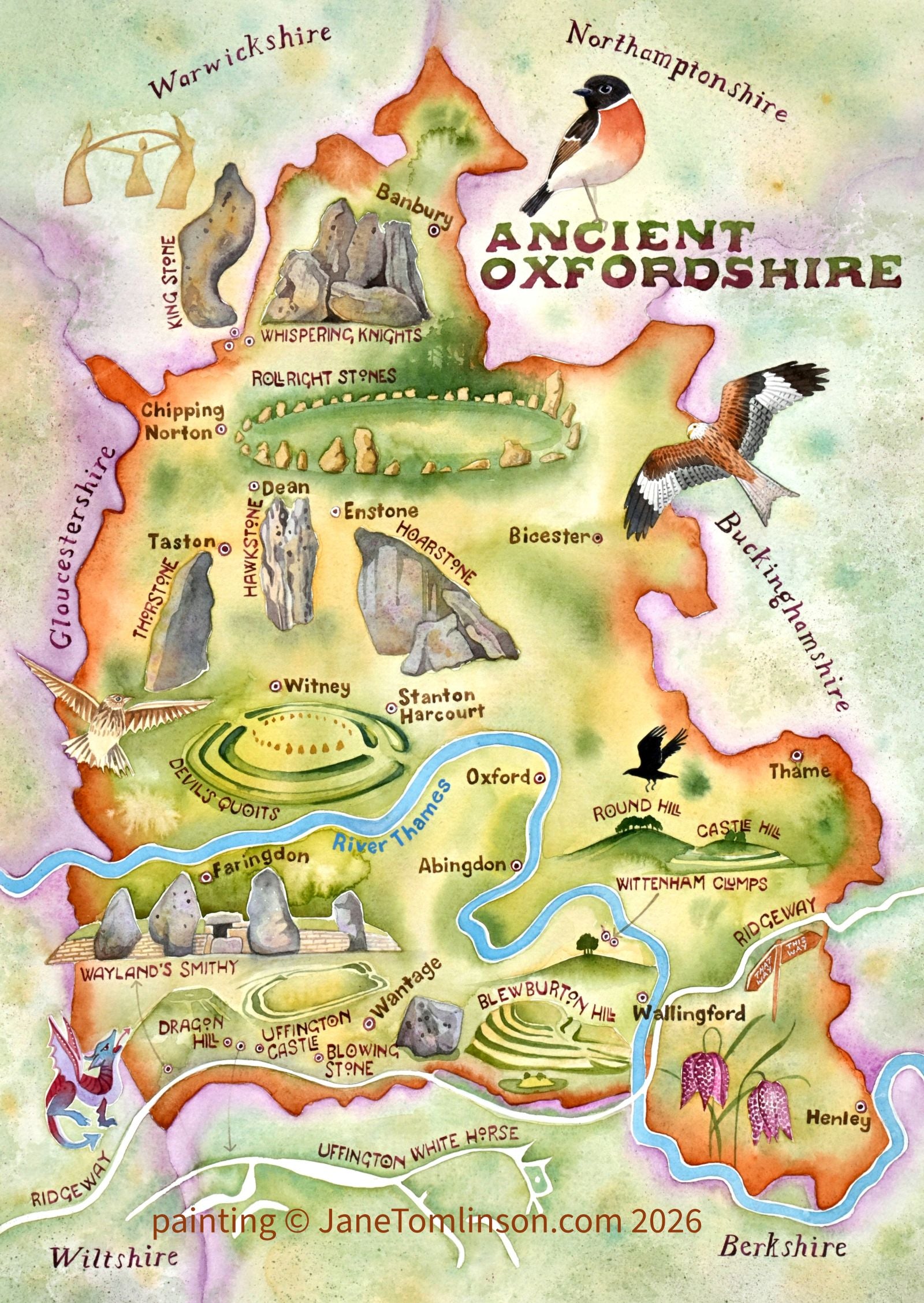 Illustrated map of Oxfordshire with landmarks and animals, created by Jane Tomlinson.