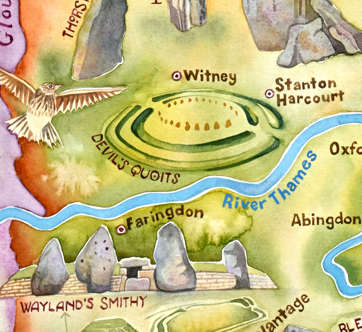 Map of prehistoric sites including Devil's Quoits, Wayland's Smithy, and Stanton Harcourt with a skylark and river Thames.