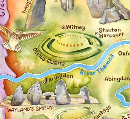 Map of prehistoric sites including Devil's Quoits, Wayland's Smithy, and Stanton Harcourt with a skylark and river Thames.