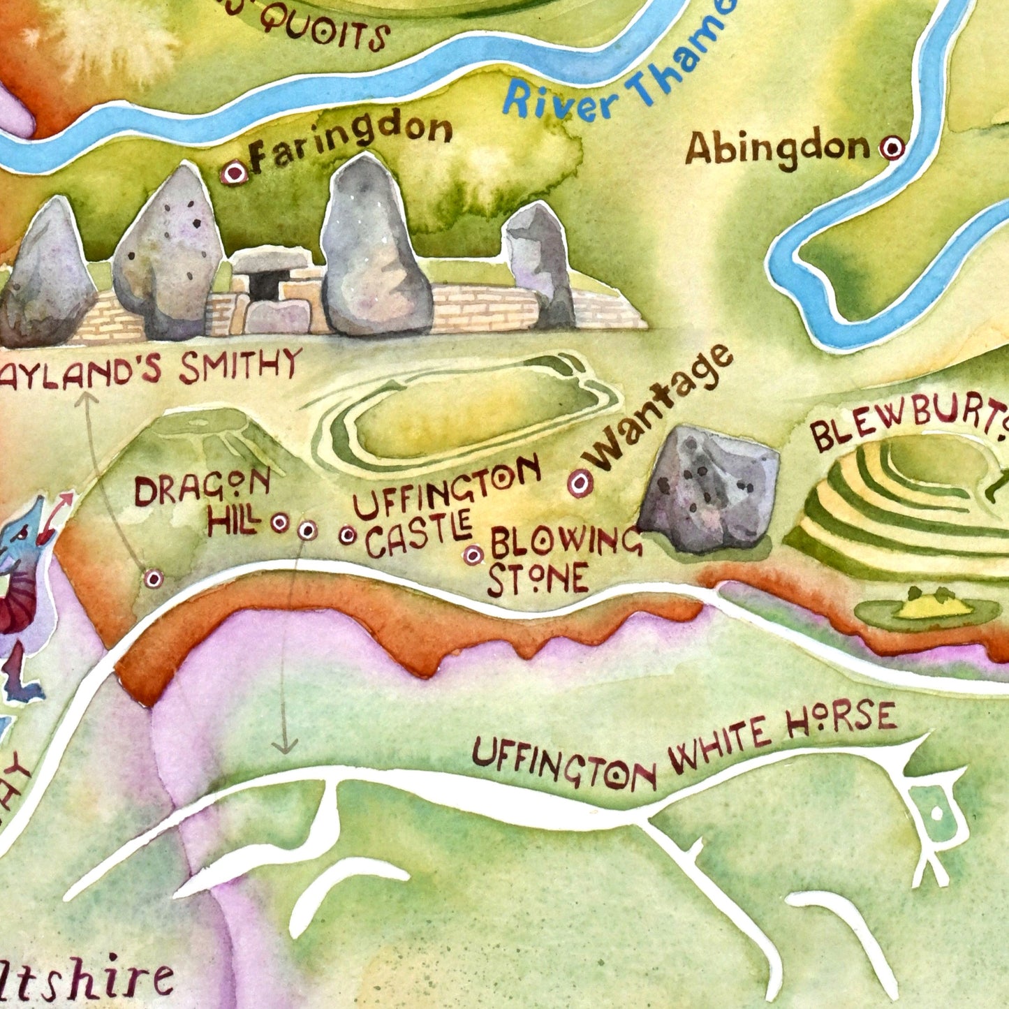 Detail from a map of ancient Oxfordshire, showing the Uffinton White Horse and Wayland's Smithy