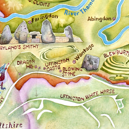 Detail from a map of ancient Oxfordshire, showing the Uffinton White Horse and Wayland's Smithy
