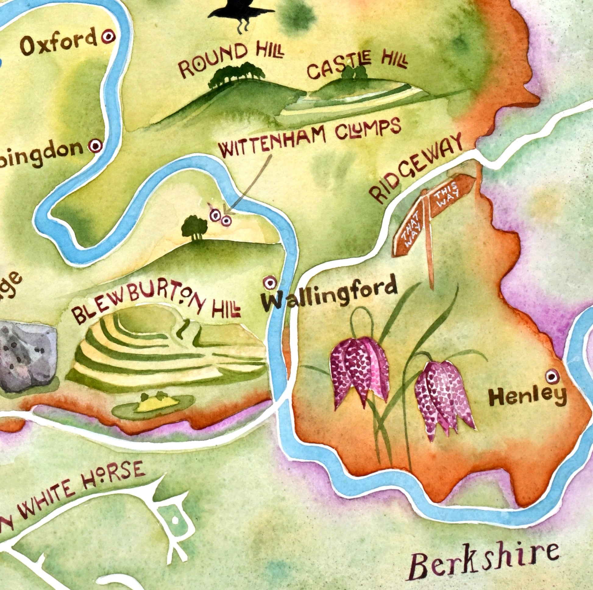 Detail from a hand painted map of ancient Oxfordshire, showing the Wittenham Clumps and Blkewburton Hill 