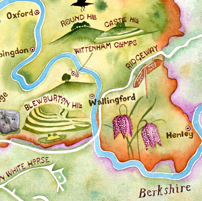 Detail from a hand painted map of ancient Oxfordshire, showing the Wittenham Clumps and Blkewburton Hill 