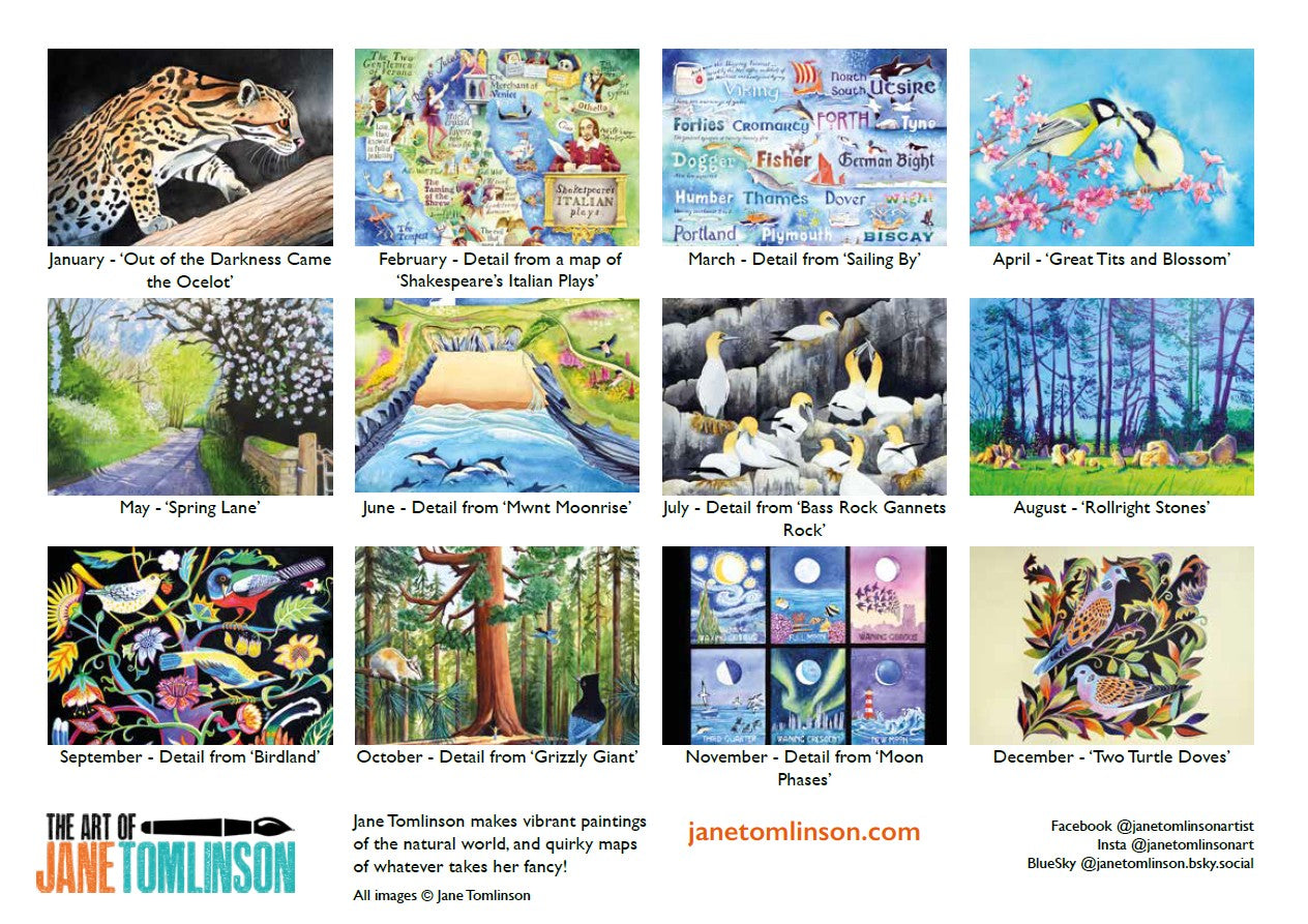 Calendar 2027 back cover - twelve nature-themed paintings by Jane Tomlinson, each depicting a different month and scene.