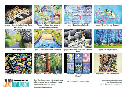 Calendar 2027 back cover - twelve nature-themed paintings by Jane Tomlinson, each depicting a different month and scene.