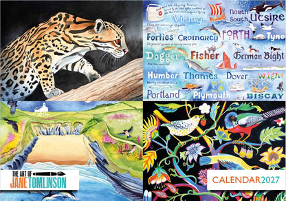 Calendar 2027 front cover with a collage of four images including an ocelot, the Shipping Forecast, a beach, and birds