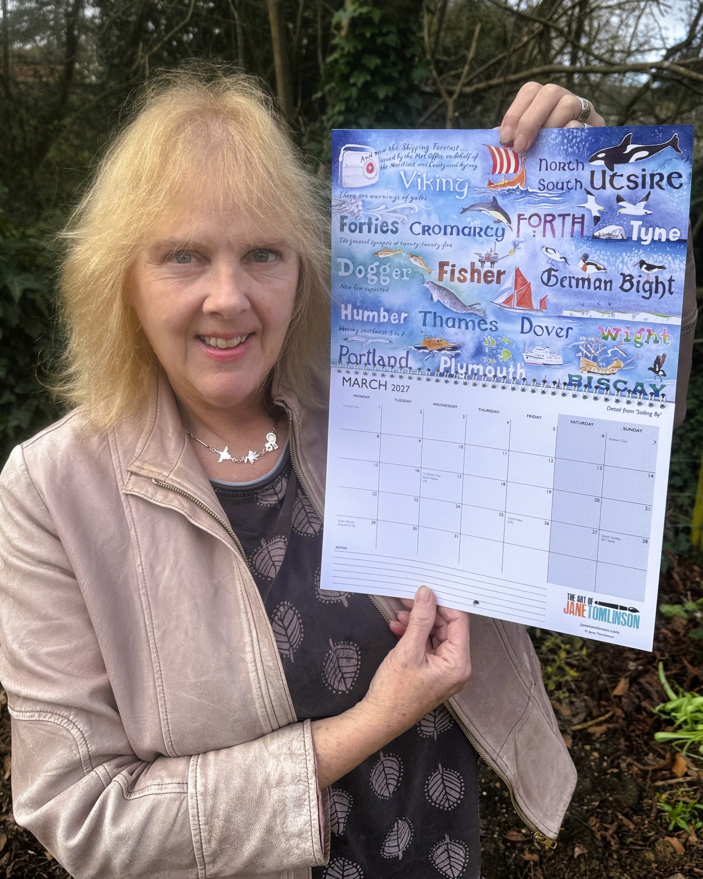 Calendar 2027 showing March - a painting of the words of the Shipping Forecast-  with the artist Jane Tomlinson
