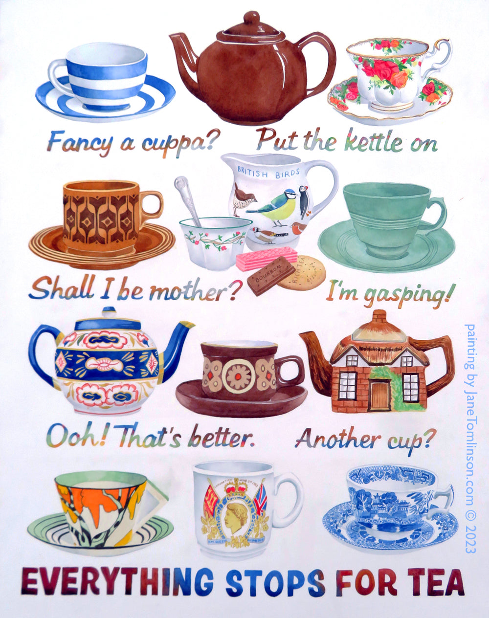 Everything stops for tea - a painting of vintage crockery