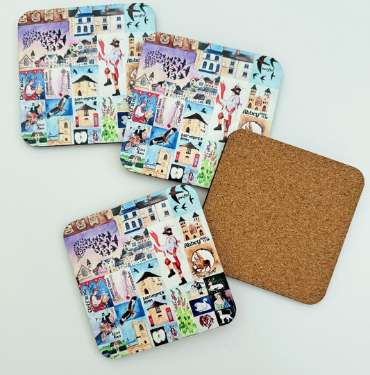 Set of four coasters with a cork base of Eynsham, Oxfordshire