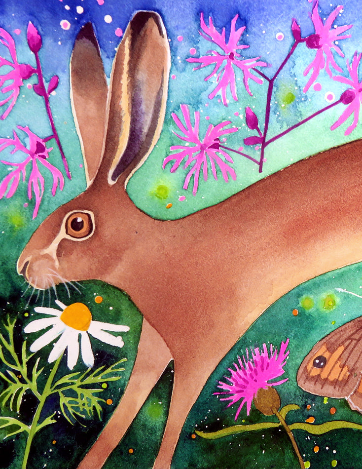 Hare and wildflowers painting