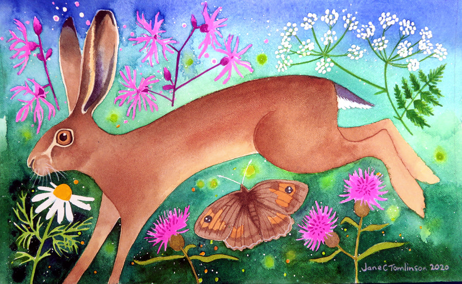 Brown hare and wildflowers painting