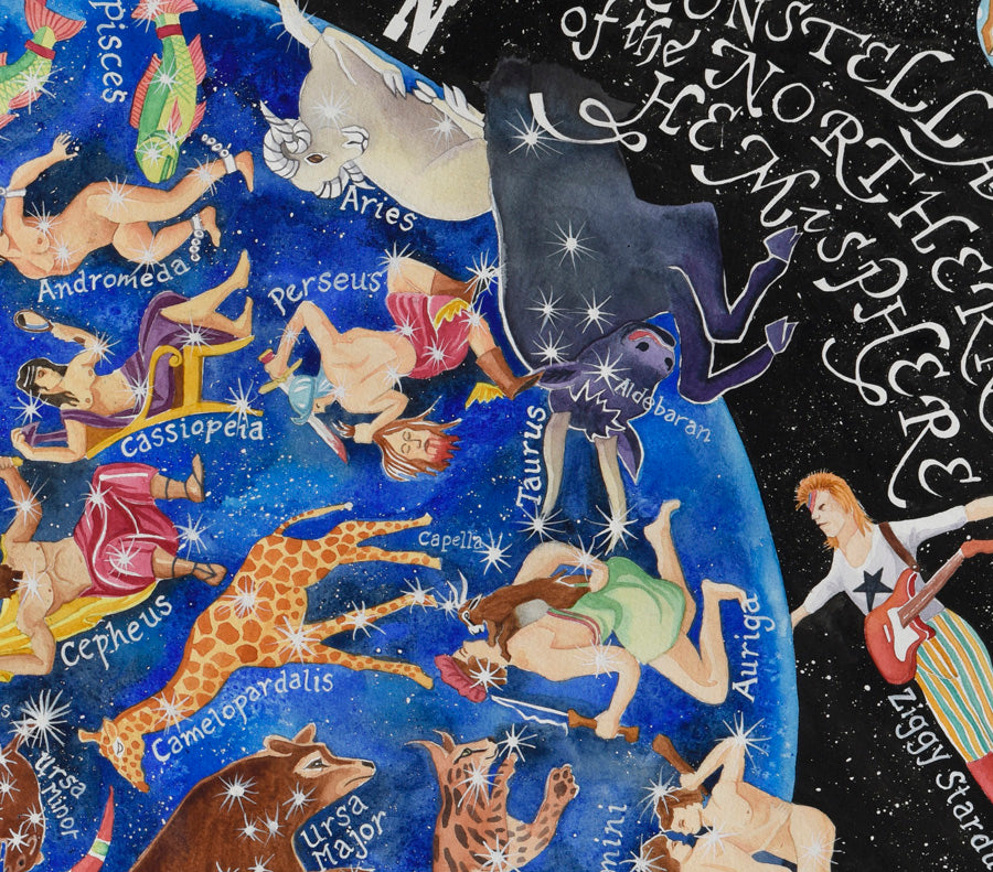 Detail from Heavens Above a map of the stars showing constellations of taurus, aries, perseus and ziggy stardust