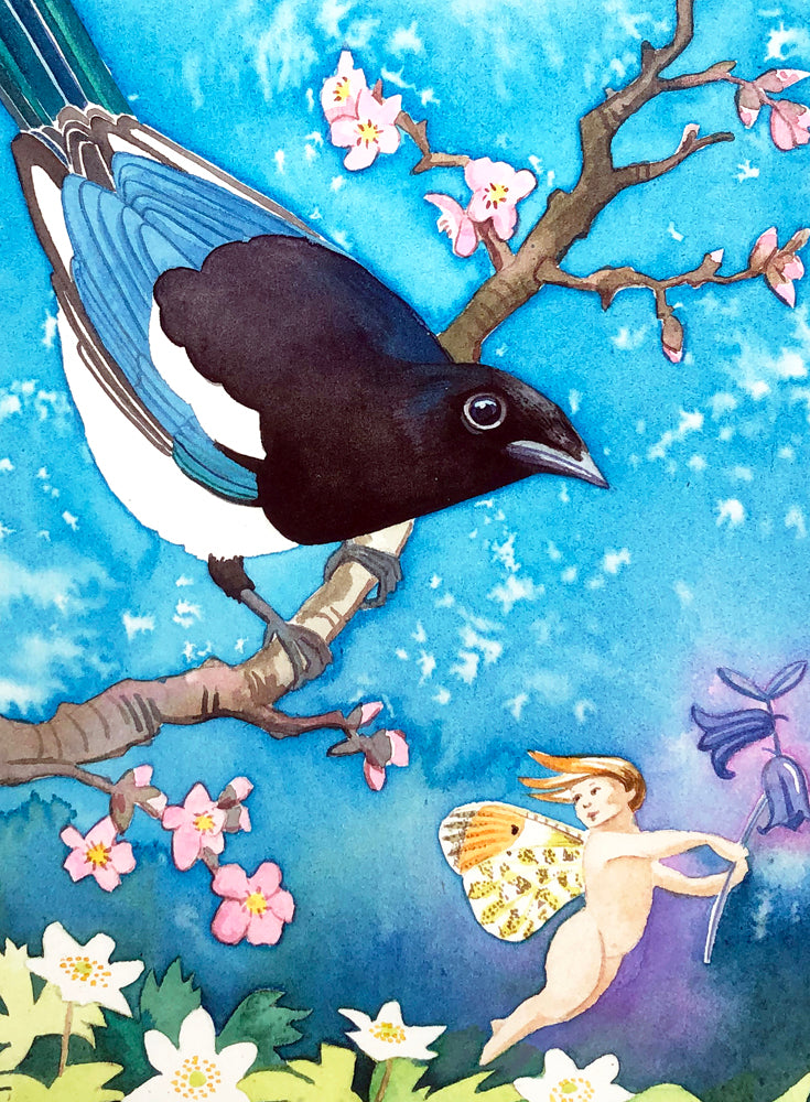 "She whispered her name was Joy" - a painting of a magpie with fairies