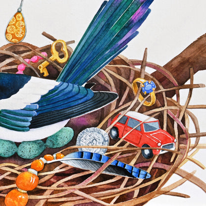 detail of a painting of a magpies nest with treasure including amber beads, a silver coin and a dinky toy mini