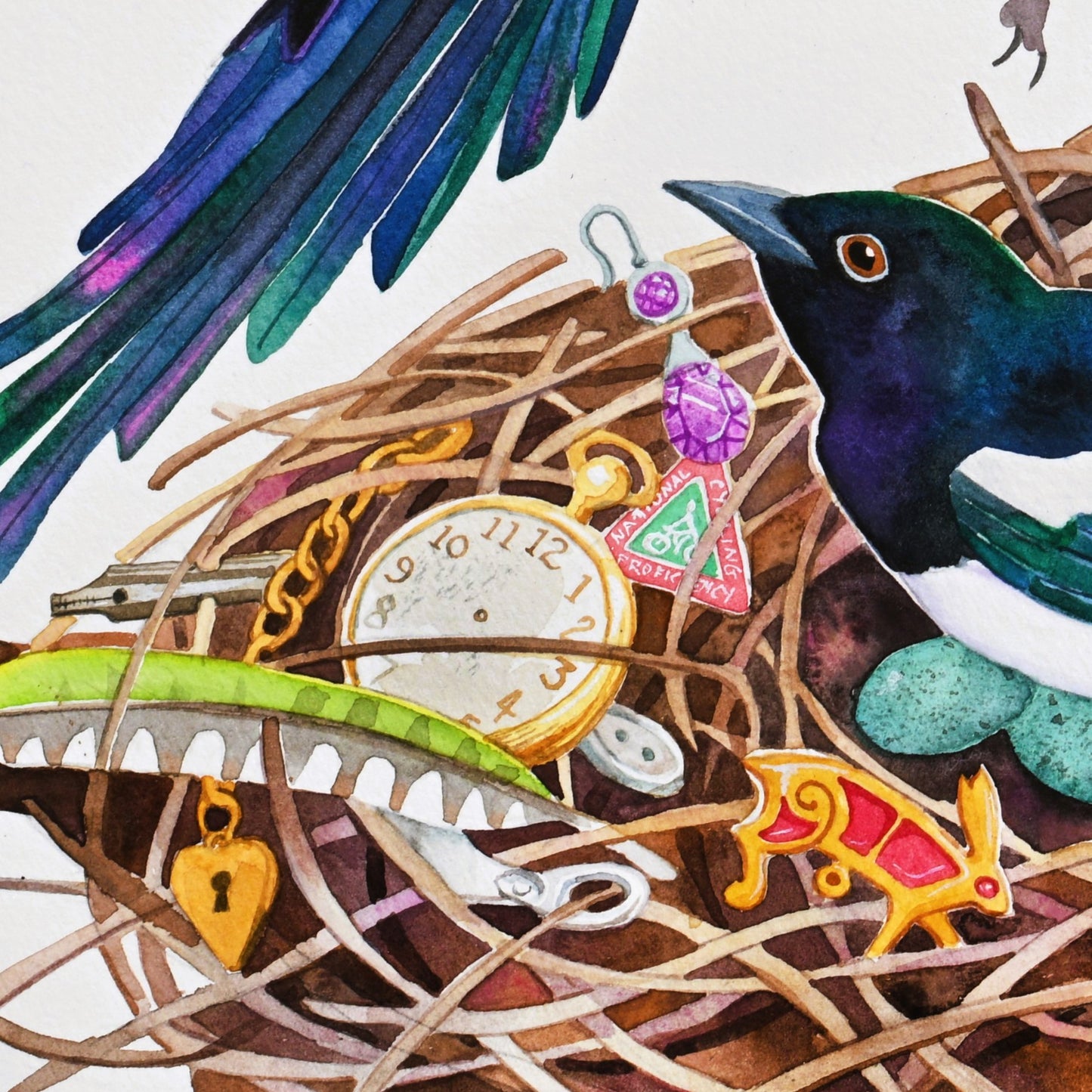 detail of a painting of two magpies with a nest full of treasure including a gold watch and a brooch of a hare