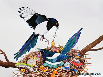 Two magpies with a nest of treasure 