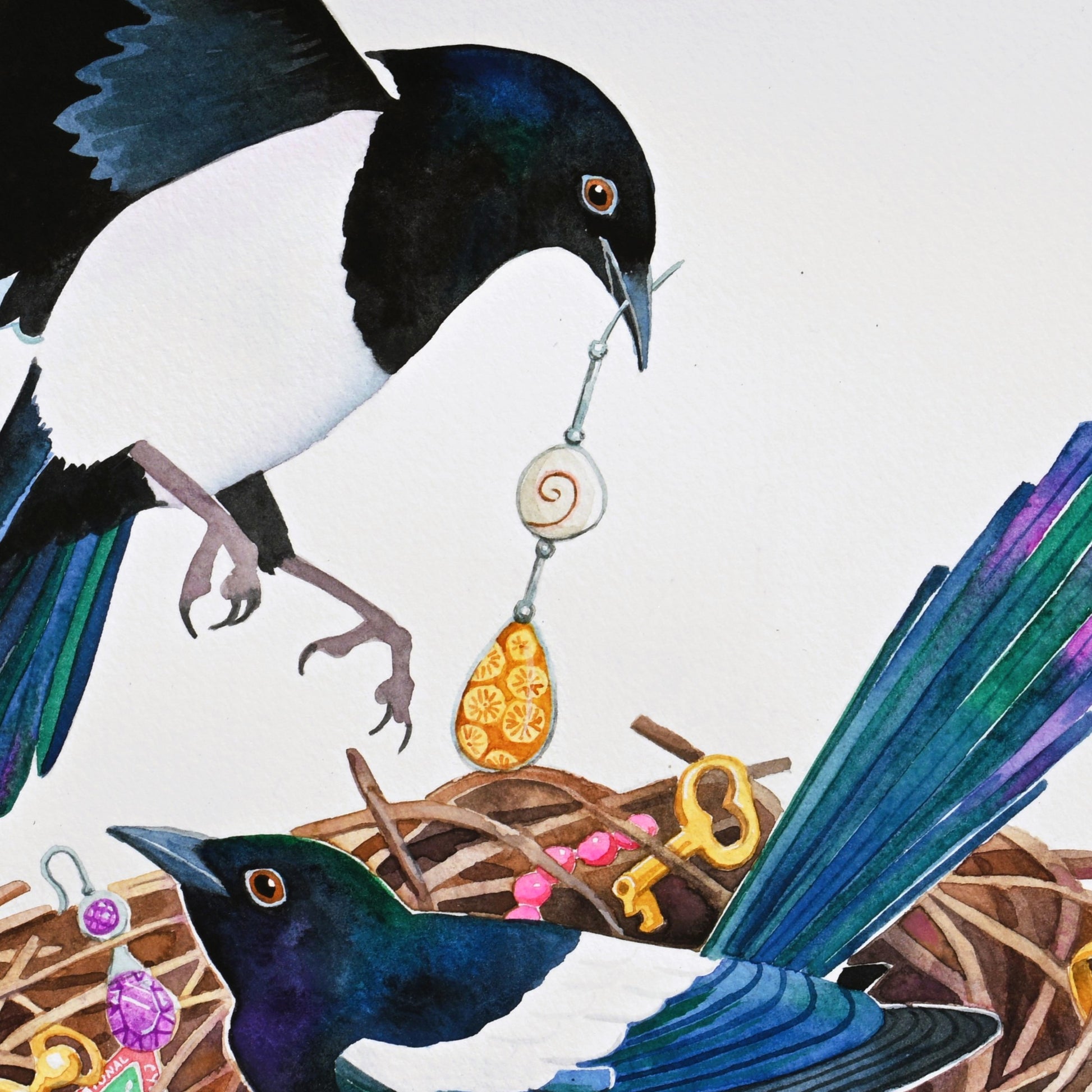 detail of painting of two magpies with treasure