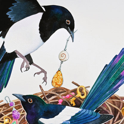 detail of painting of two magpies with treasure