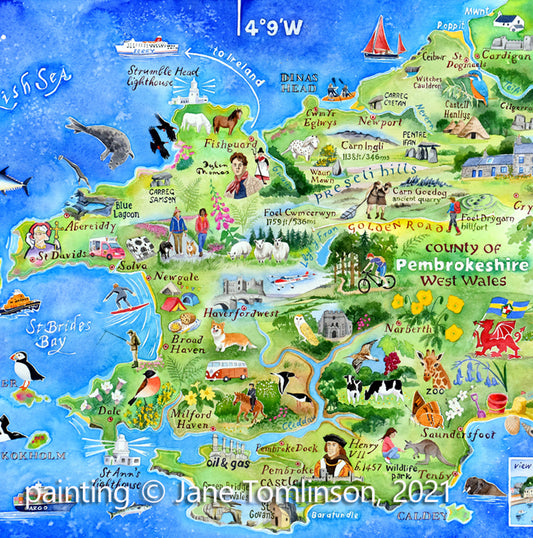 Map of Pembrokeshire hand painted by Jane Tomlinson