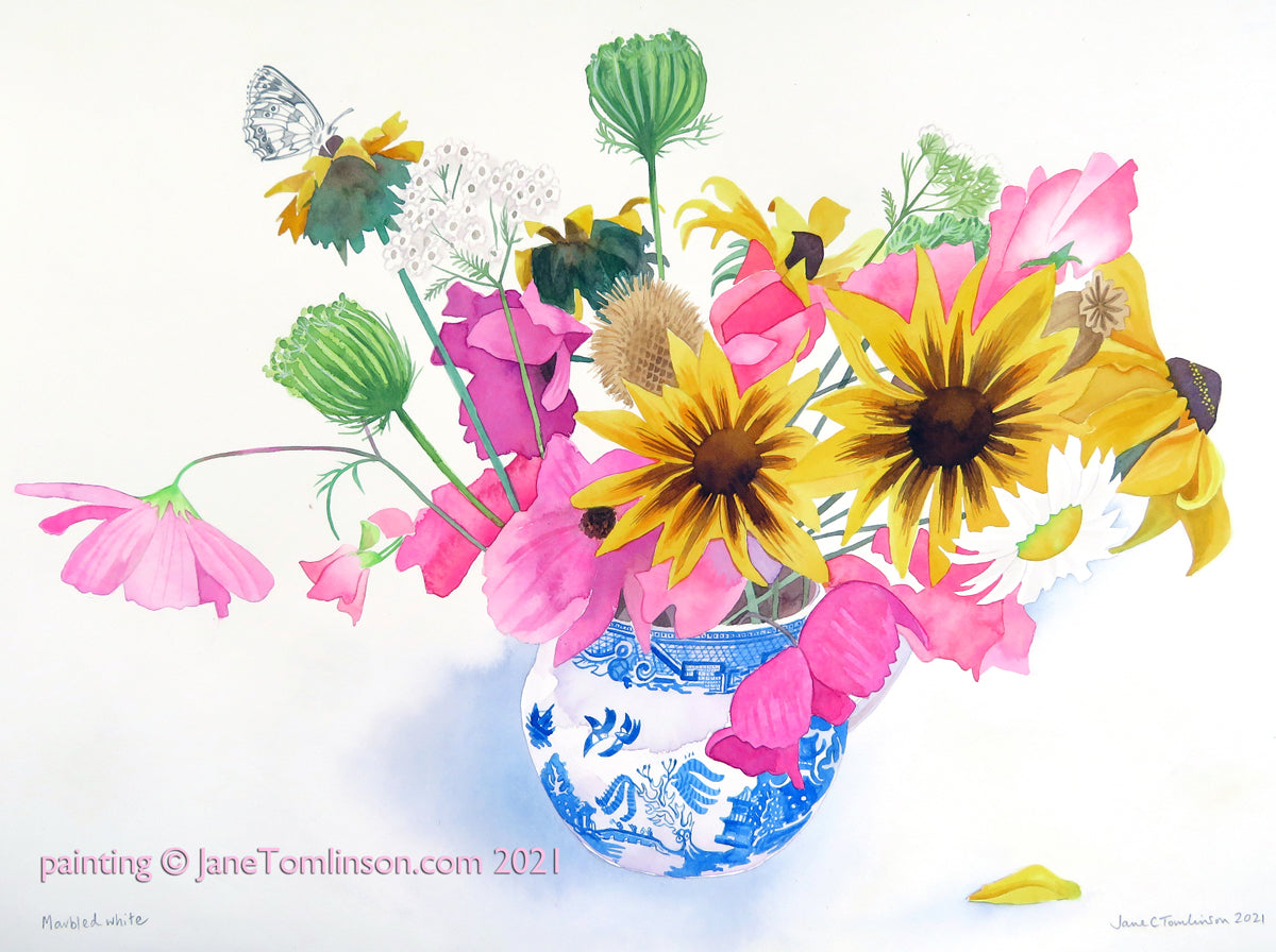 Painting of a willow pattern jug with flowers and marbled white butterfly
