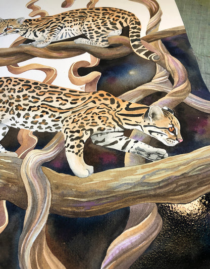 painting of a pair of ocelots in progress