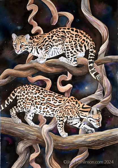 painting of a pair of ocelots and jungle vines