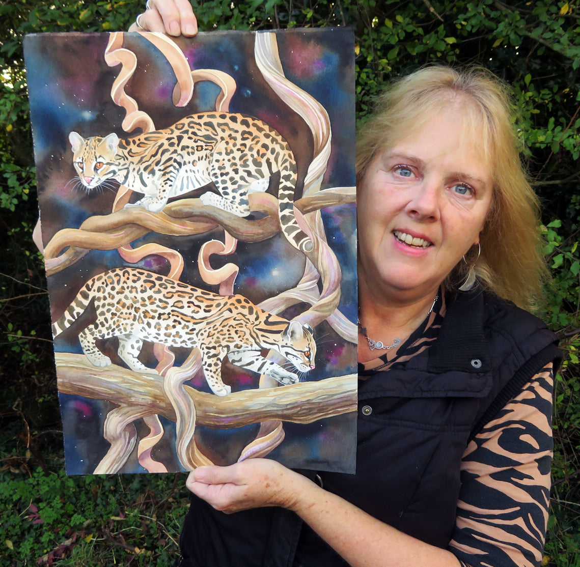 painting of a pair of ocelots with the artist