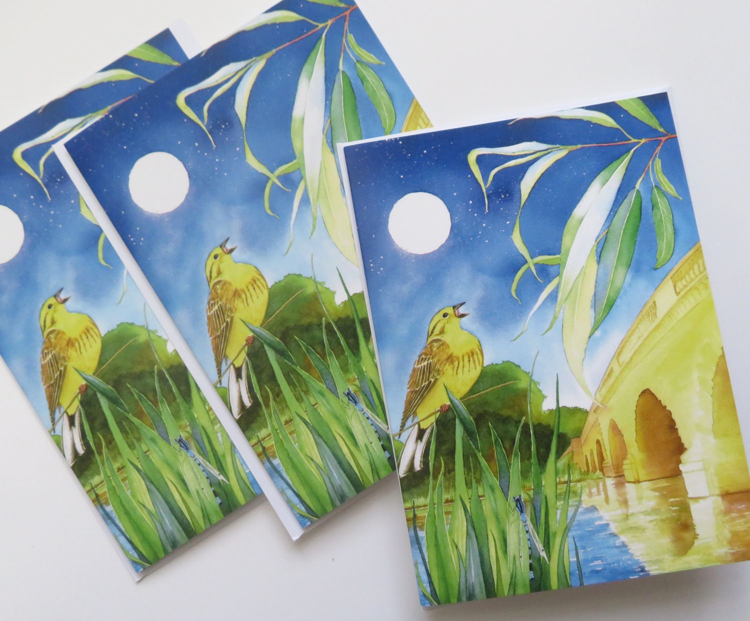 A card of a singing bird by a river