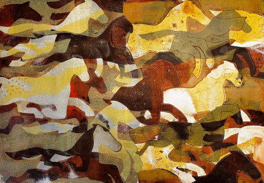 Run Run Run - a monoprint of galloping horses