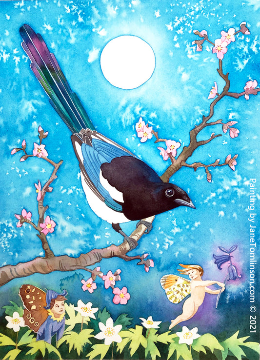 Painting of a magpie called Joy with fairies