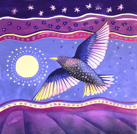 Starling, moon and stars