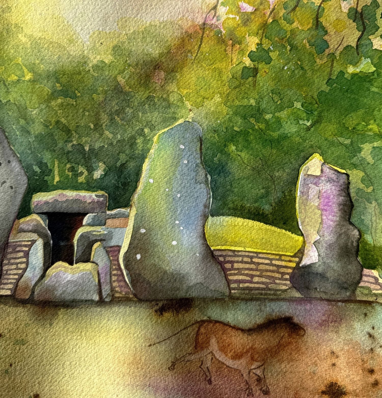 Detail from a painting of Wayland's Smithy long barrow in Oxfordshire