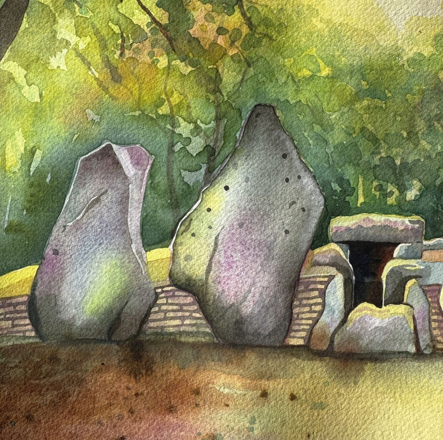 Watercolour Wayland's Smithy, a stone monument, with greenery in the background