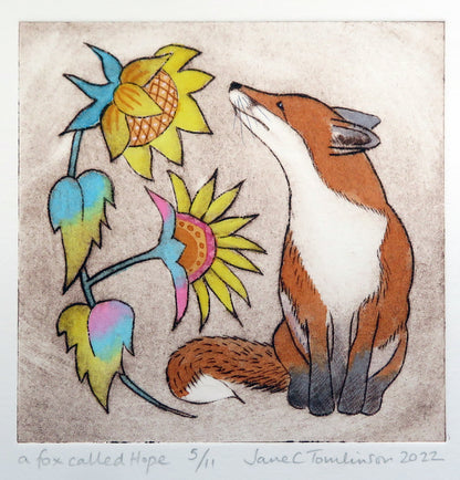 fox and sunflowers painting